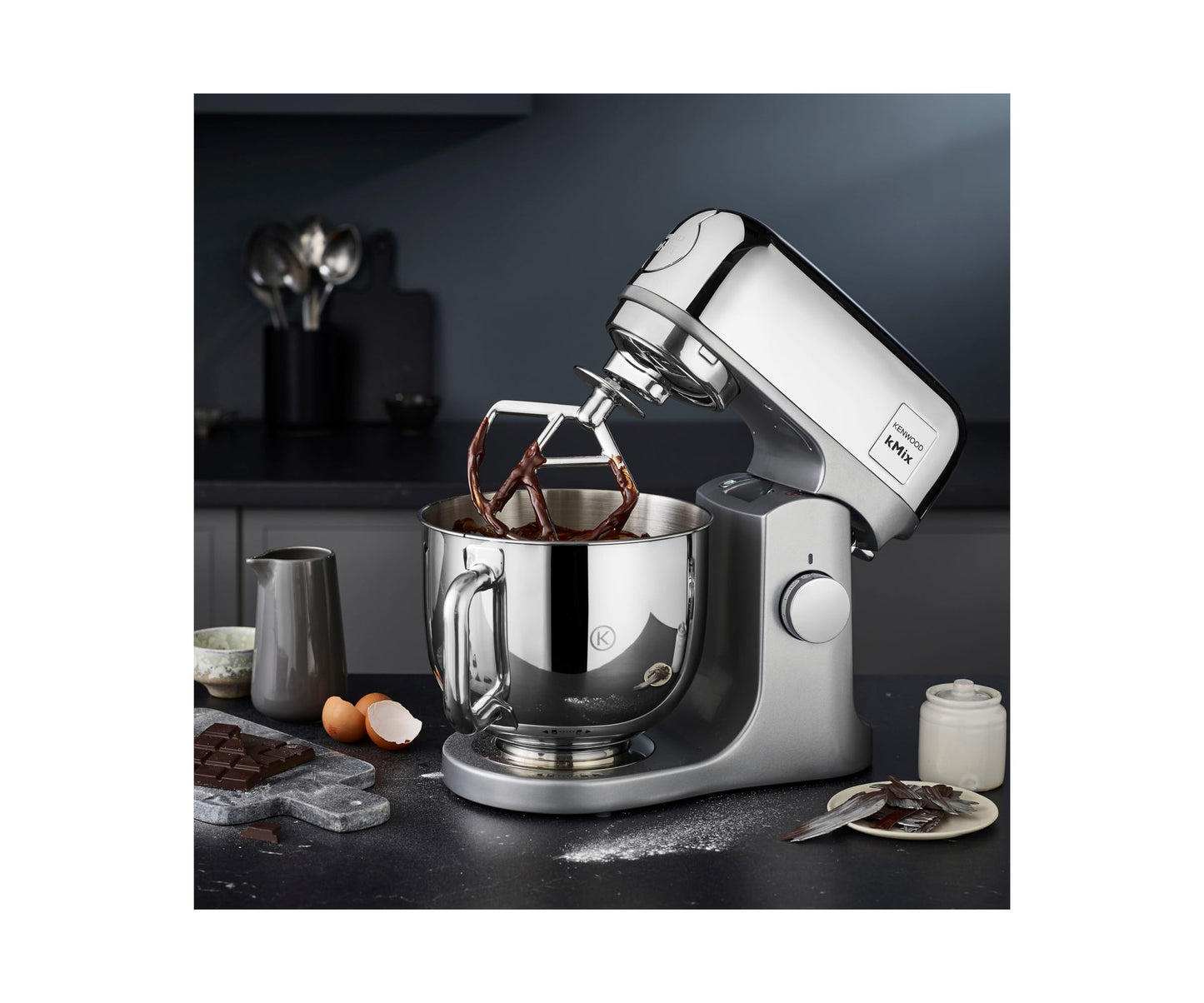 Kenwood kMix Editions KMX760CH Küchenmaschine, 5 l Edelstahl Schüssel, Safe-Use-Sicherheitssystem, Metallgehäuse, 1000 Watt, inkl. 3-Teiligem Patisserie-Set und Spritzschutz, Chrom
